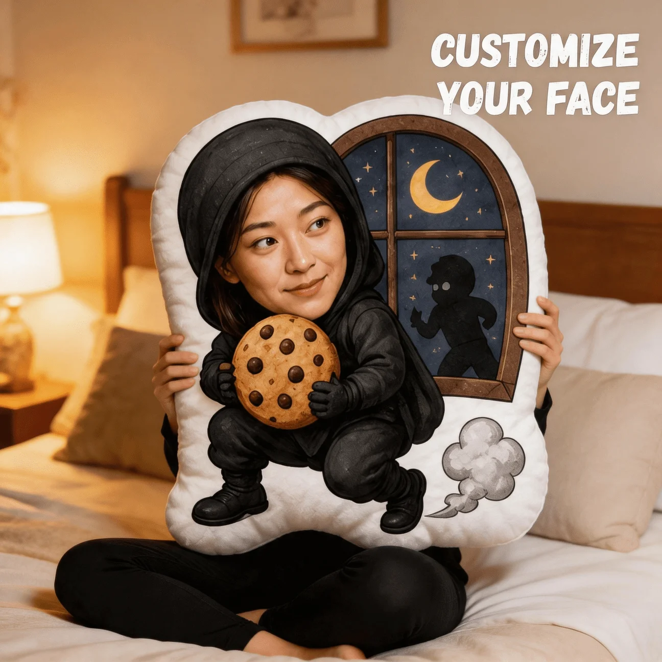 Custom Photo Ninja Thief Shaped Pillow, Personalized Face Holding Cookie Decorative Cushion, Funny Novelty Home Decor Accent for