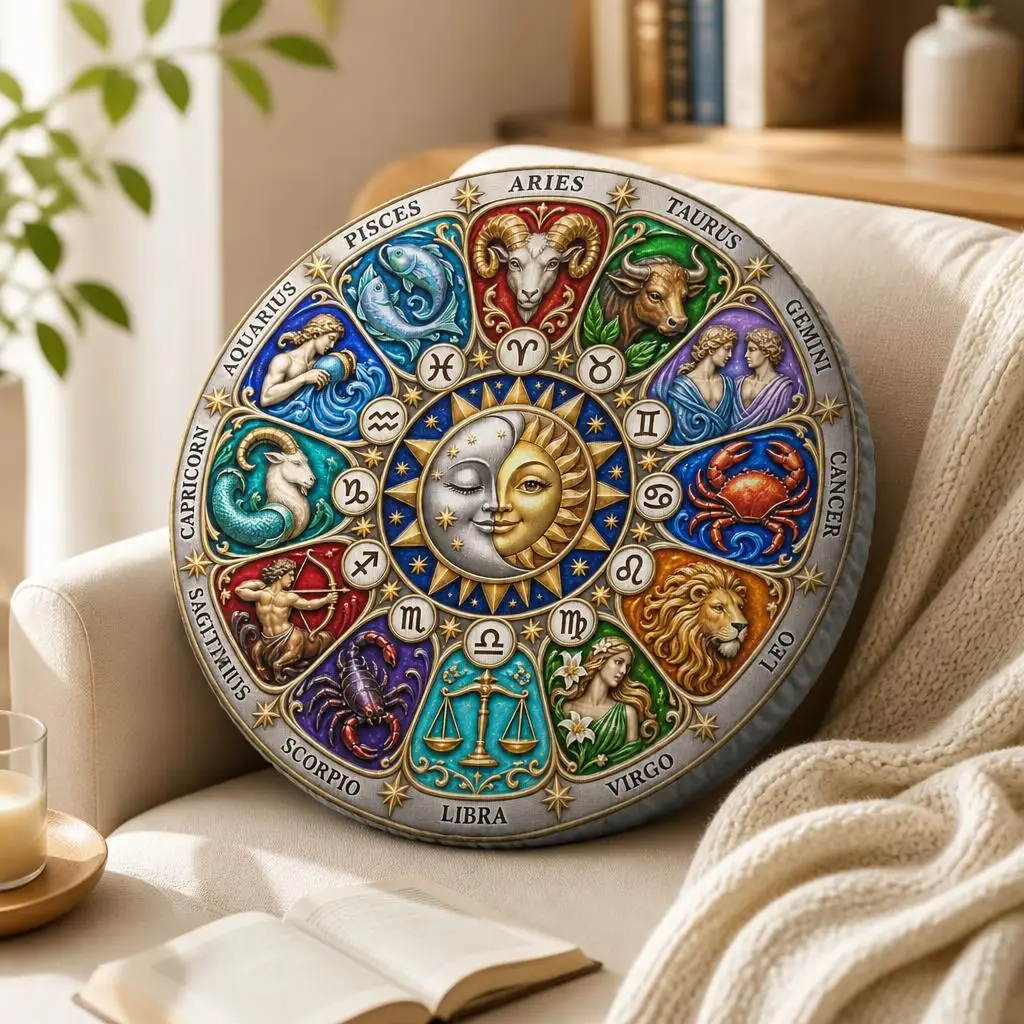 Zodiac Wheel Throw Pillow 12 Astrology Signs Sun Moon Round Cushion Celestial Horoscope Sofa Decor Gift for Astrology Lovers