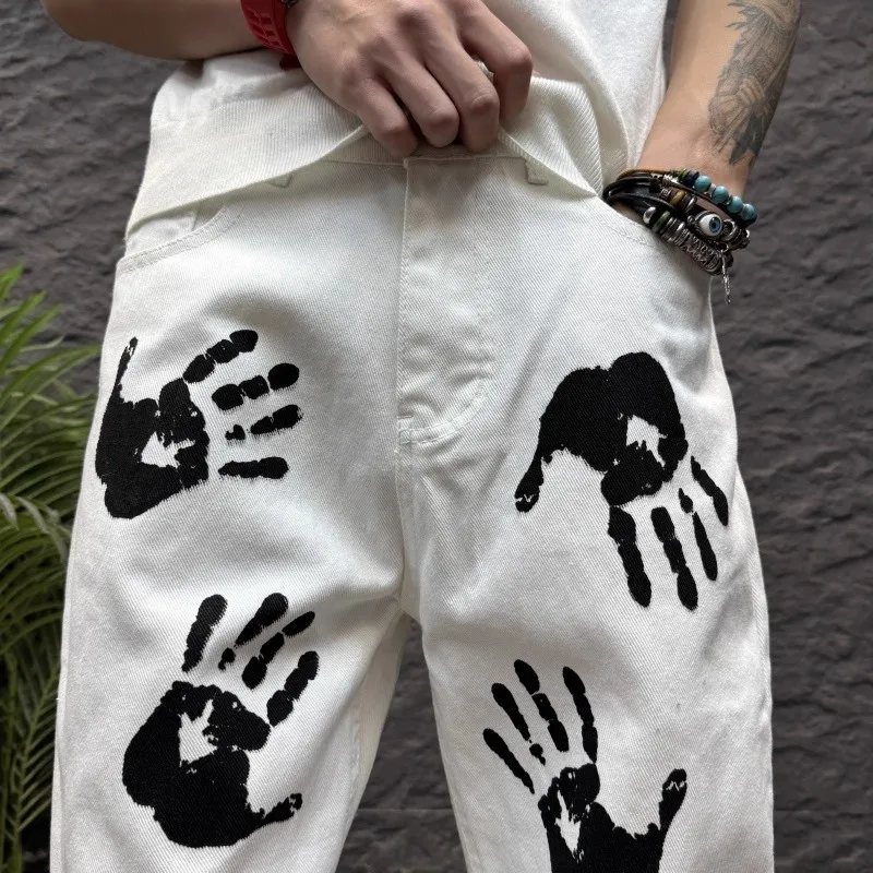 Y2K Techwear Spring New Mens Retro Hand Print Denim Trousers Fashion Hip Hop Vintage White Baggy Jeans For Man Pantalones Hombre view 5