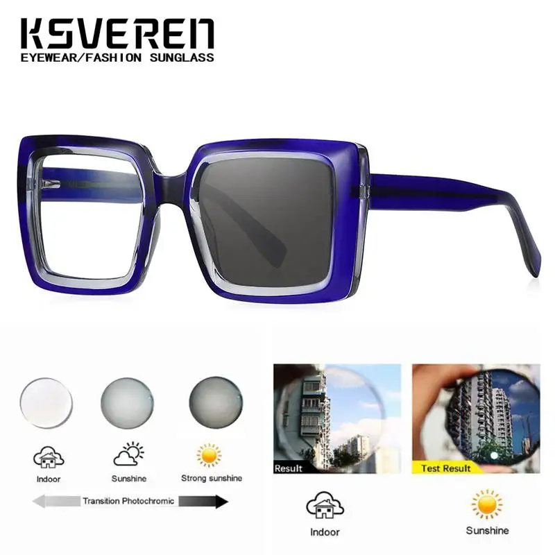 KSVEREN TR90 نظارات قراءة مربعة كبيرة الحجم نظارات شمسية فوتوكروميك خارجية للنساء نظارات طبية بصرية طويلة النظر