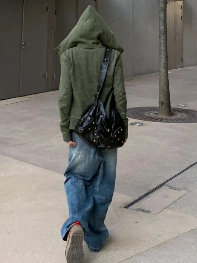 Streetwear vintage verde harajuku hoodies feminino estilo preppy casual solto ​ Moletom com capuz Y2k estético Grunge com zíper