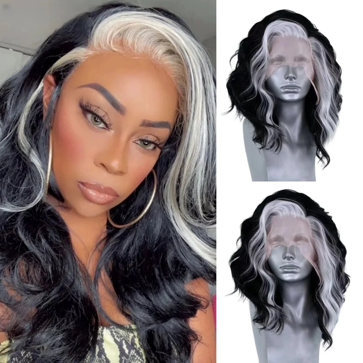 블랙 하이라이트 숏 보브 레이스 프론트 가발 바디 웨이브 레이스 프론탈 가발 13x4 블랙 믹스 화이트 헤어 합성 데일리 코스프레 가발