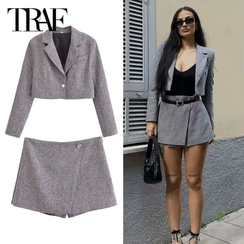 TRAF Autumn Outfit 2024 Skirts Set For Women 2 Pieces Cropped Blazer Outerwears High Waist Skirt Pants Elegant Lady Shorts Set