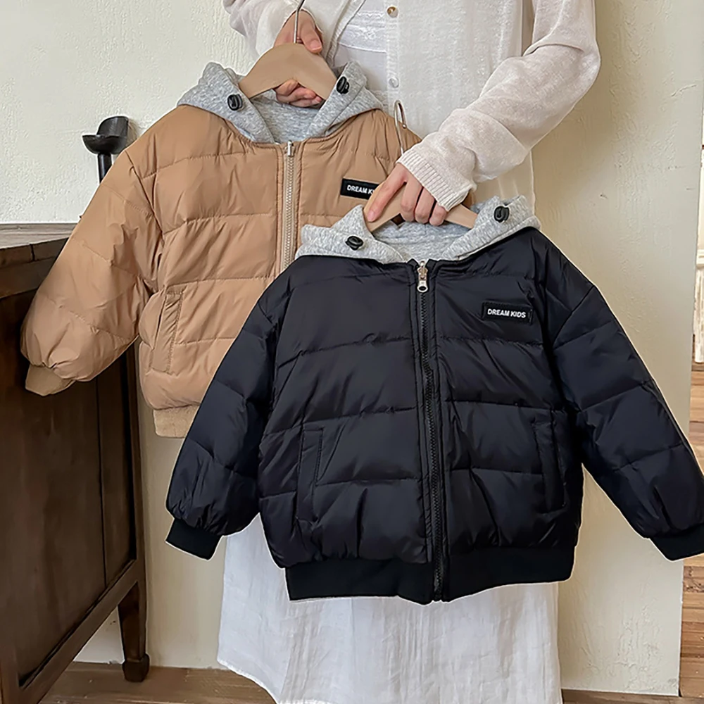 Winter Kids Cotton Coats Thick Warm Fake Two Pieces Hooded Quilted Jacket Childre Clothes Boys Girls Double-sided Wear Outerwear