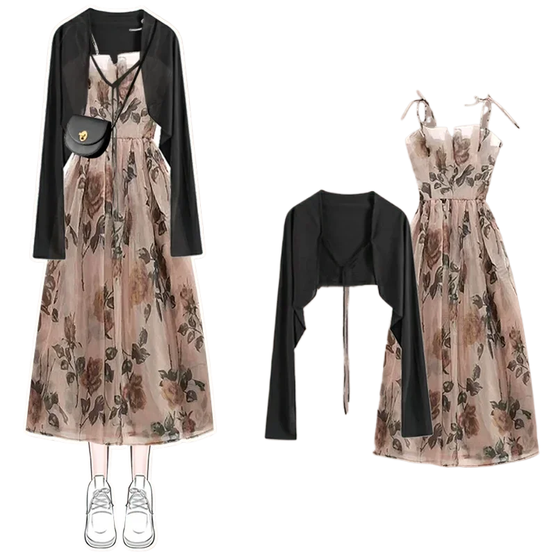 2025 Spring Summer Chic Floral Sling Dress Shawl Shirts 1 or Two Piece Set Women Graceful Print Camisole Dresses Tops Outfits