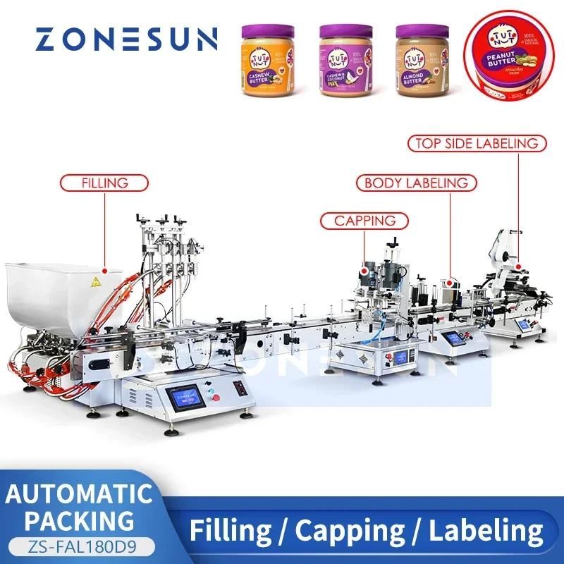 ZONESUN Línea de producción de envasado de pasta gruesa para máquina de llenado y tapado y etiquetado de productos cremosos ZS-FAL180D9