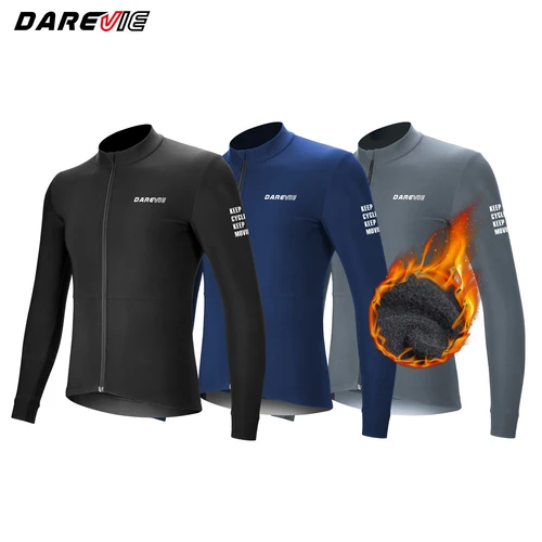 Imagen 1 del producto DAREVIE-Camiseta de ciclismo térmica para hombre, Jersey de ciclismo de lana de invierno, ropa de bicicleta transpirable cepillada suave y cálida de manga larga