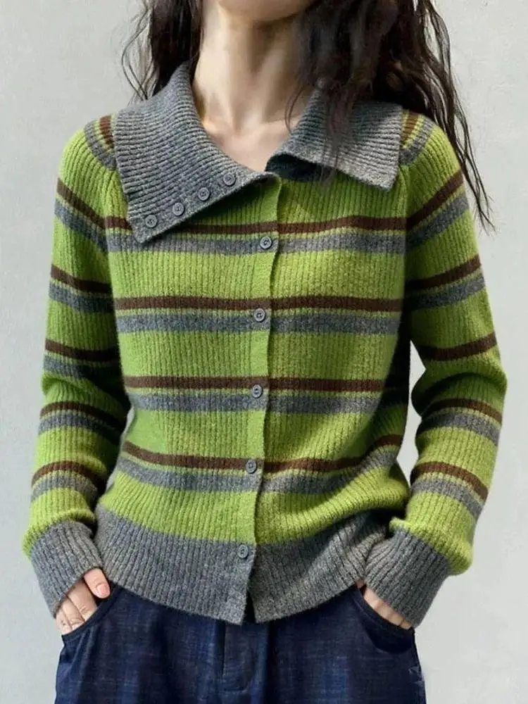  Stripe Color Block Long Sleeve Knitted Sweater Women's Autumn Winter Fashion Design Turn-down Collar Open Cardigan Top