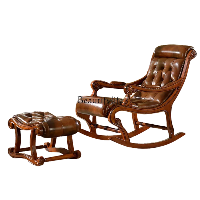 

PAmerican Style Solid Wood Leather Rocking Recliner Vintage Living Room Home Sofa Lounge Chair