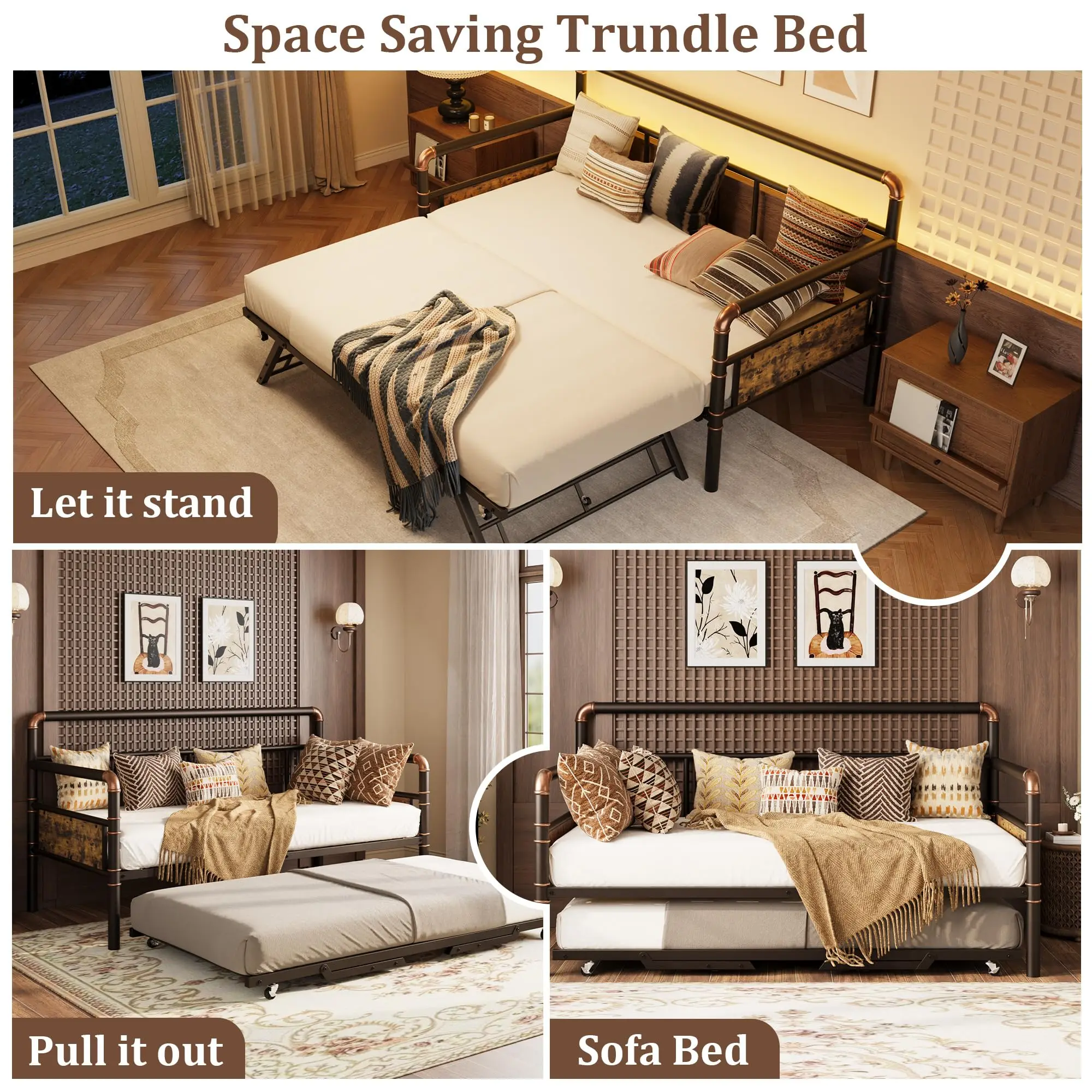 Metal Daybed Frame Industrial Pipe Sofa Bed Bronze Heavy Duty Steel Slats Platform Day Bed Easy Assembly No Box Spring Needed