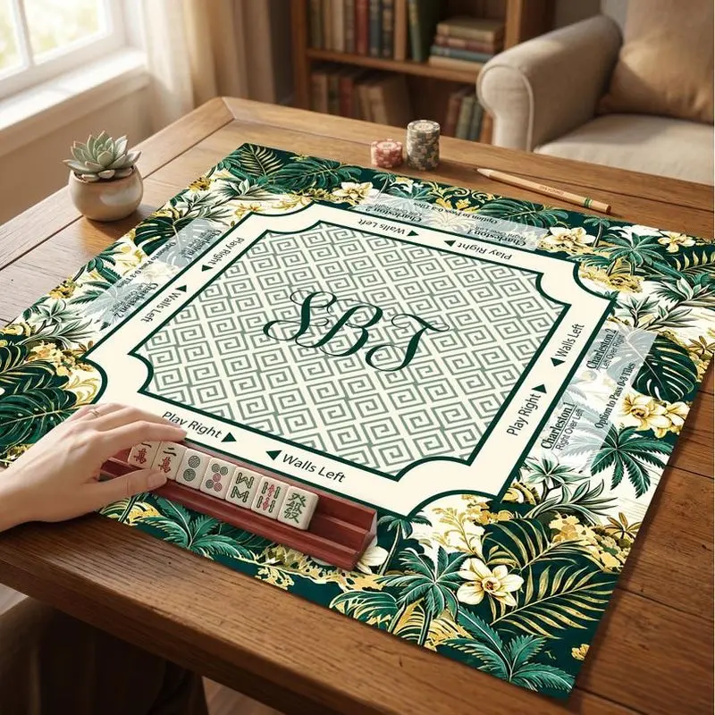 VIKAMA Tropical Palm Leaf Mahjong Mat Non Slip Noise Reduction Soft Square Pad Washable For Luxury Home Game Decor Mat