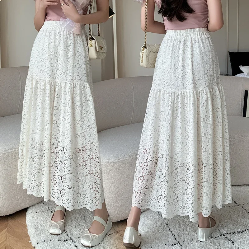 Vintage A Line Black Skirts Women 2024 Summer Korean Fashion Clothing Casual Faldas Elegant High Waist White Lace Long Skirt