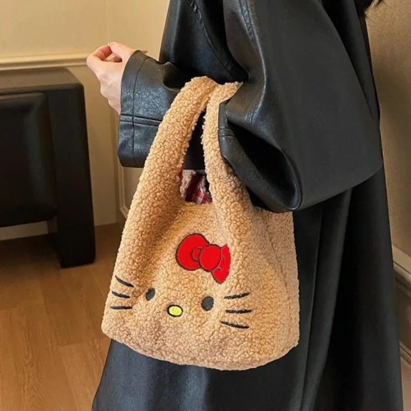 

New Cute Kitty Cat Handbag Lamb Wool Wrist Bag Plaid Bag Cartoon Office Commuting Small Hand Bag