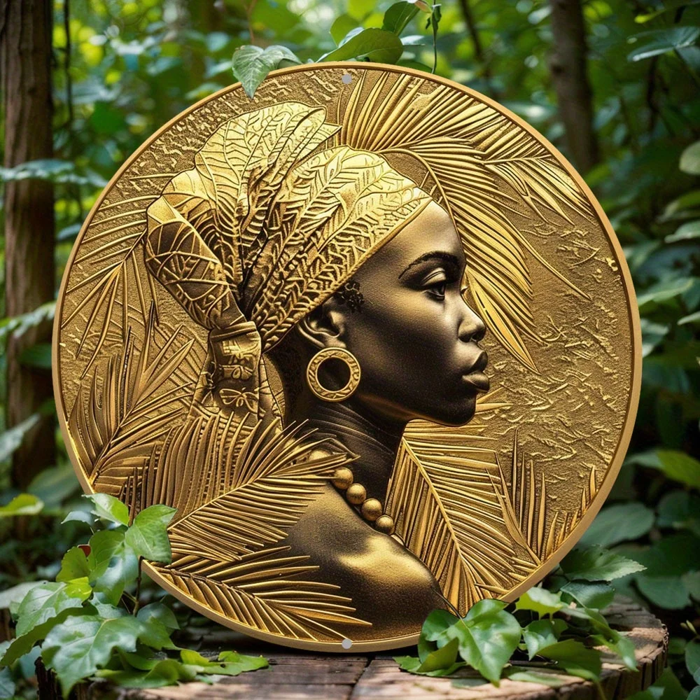 

African Mask Themed Wreath Sign, Round Aluminum Metal Decor Sign for Home, Cafe, Apartment, Wall Decoration, Holiday Gift