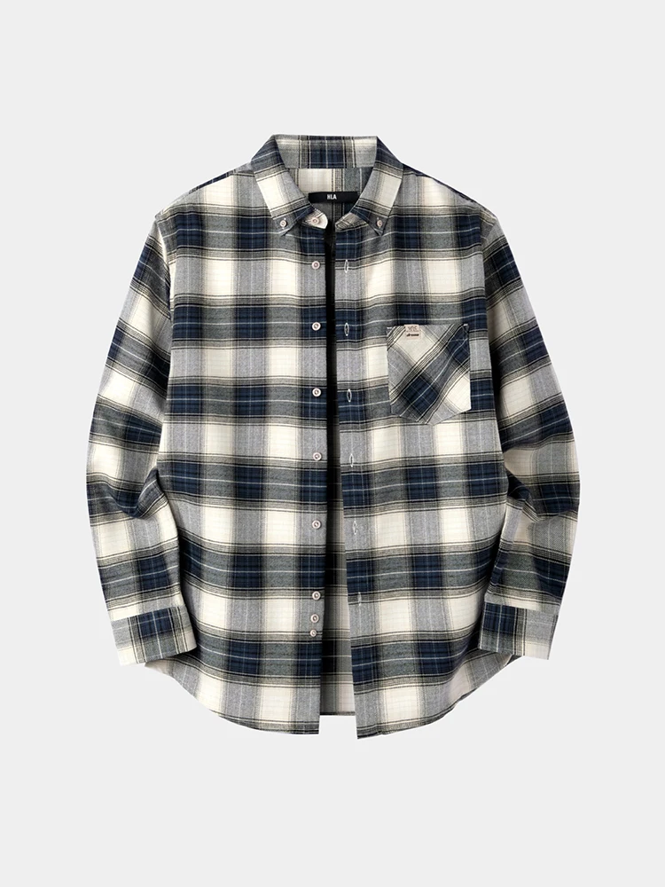 Casual Long Sleeve Shirt Men's Plaid Button up Shirt Standard Fit Autumn Season HLA Sea Hem Home Zeng Shunxi Water Washed Pol...