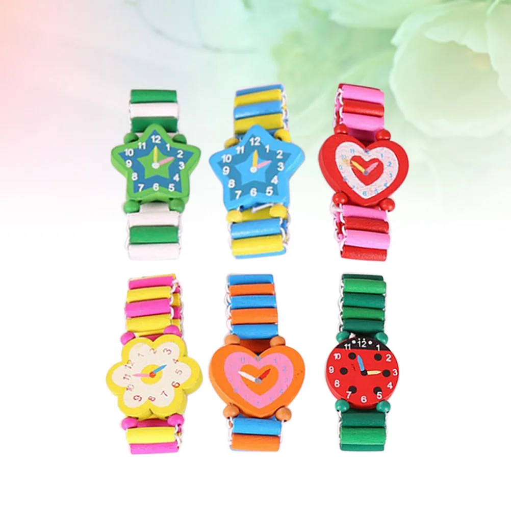 6pcs Wooden Watch For Kids Cartoon Pretend Play Educational Wood Crafts Safe Eco-Friendly Simulation Watches Cute Design