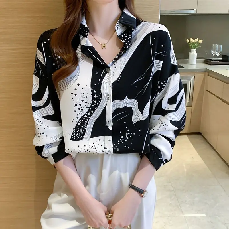 Temperament Spring and Autumn Women\'s POLO Collar Printing Contrast Color Single Breasted Fashion Loose Long Sleeve Shirts Tops