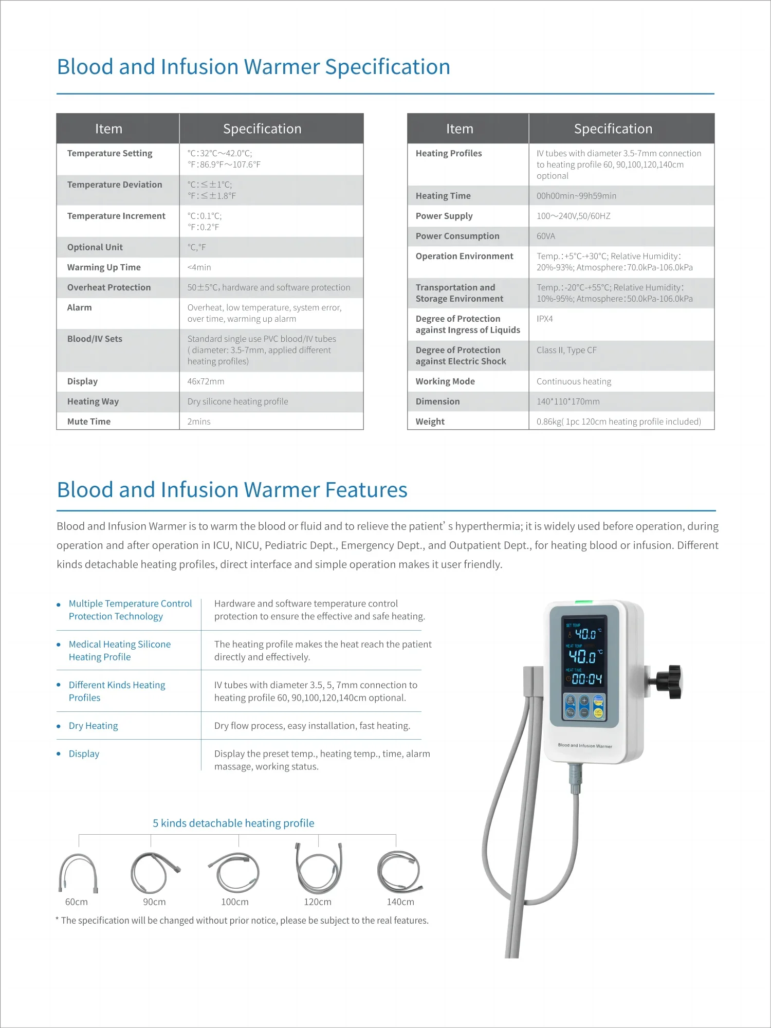 Factory  Blood Warmer for  Fluid Warmer with 2 heating tube Medical  Fluid warmer machine