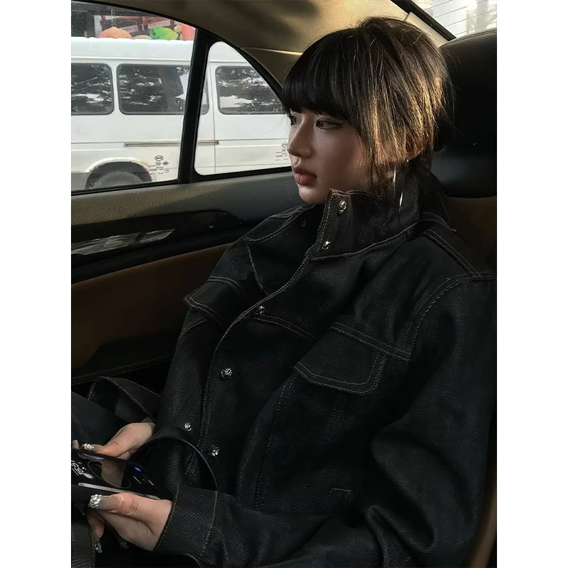 Black Original Denim Stand Collar Short Washed Women's Jacket American Style Cleanfit Workwear Jacket Breathable Resistant