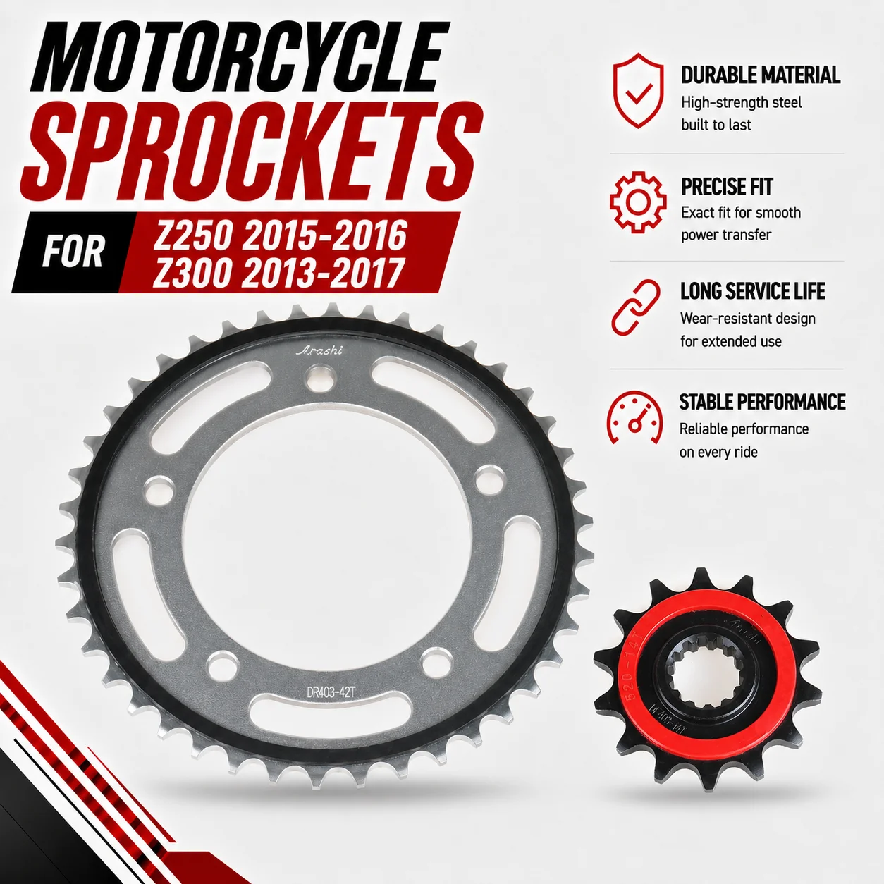 520 42T 14T ARASHI Front rear sprockets Drive Wear Resistant Motorcycle Chain Sprockets For KAWASAKI Z250 2015-2016 Z300 13-17