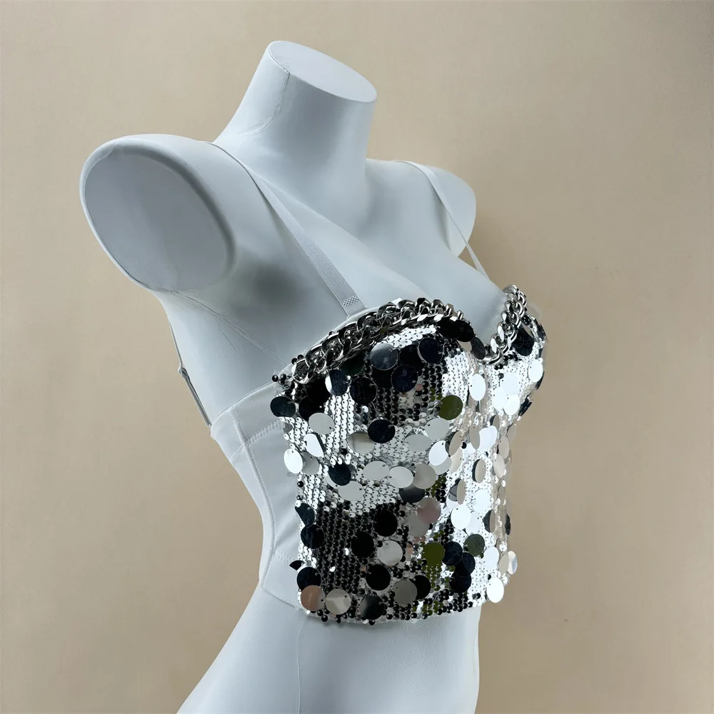 Fish Scale Flake Chain Fishbone Corset Women Nightclub Spice Girl Bustier Tops Hand Sewn Fixed Cups Beauty Back Bra