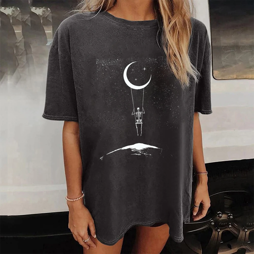 Seeyoushy Funny Skulls Print Women T Shirt Round Neck Summer Loose Vintage T-shirt Casual Drop Shoulder Short Sleeve Tees Tops