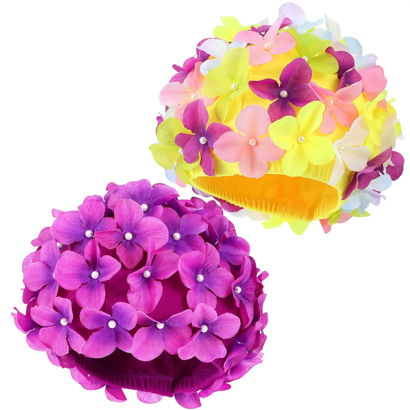 

2 Pcs Floral Woman Petal Retro Swimming Cap Summer Fashion Flower Beach Bathing Hat Swimming Pool Beach Vacation Caps