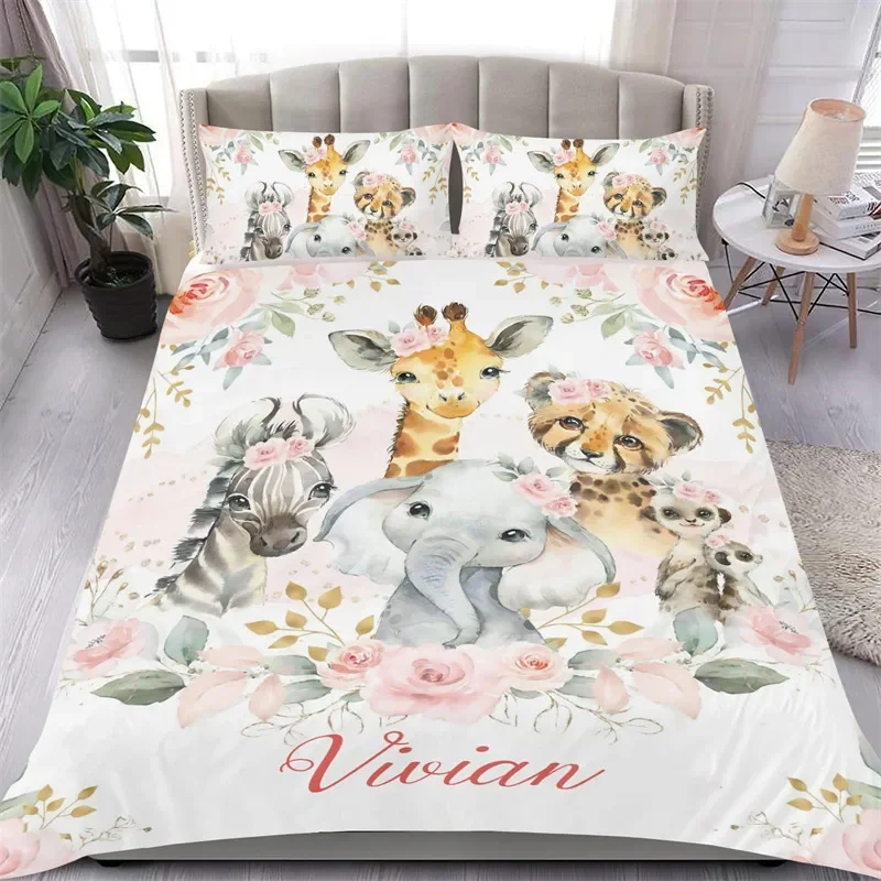 Custom Name Lovely Koala Flowers Duvet Cover Cartoon Animal Bedding Set Elephant Quilt Cover Single King Size For Girl Teen Gift