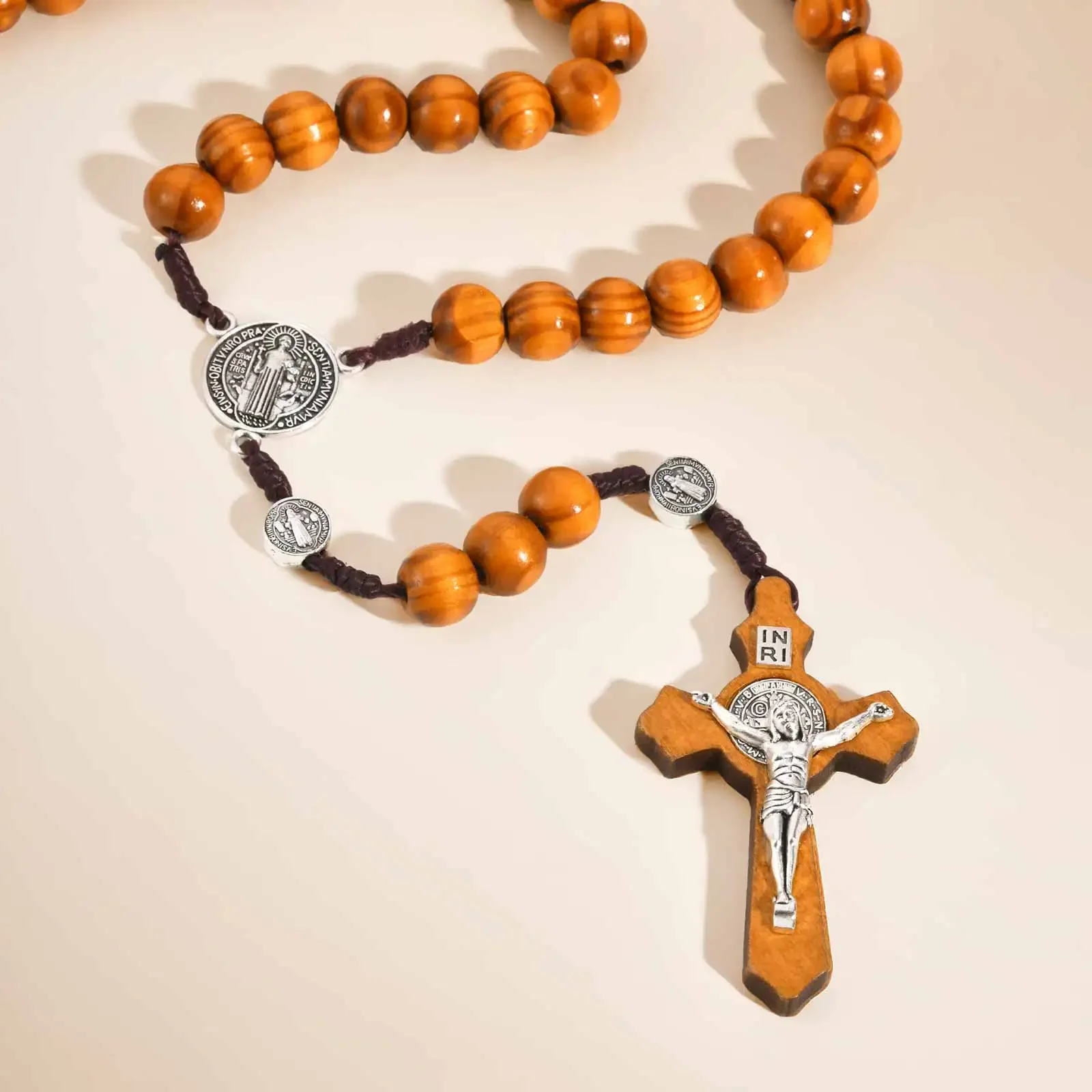 Vintage Wood Beads Cross Jesus Pendant Necklace, Stainless Steel Saint Benedict Long Chain Religion Prayer Jewelry for Women Men