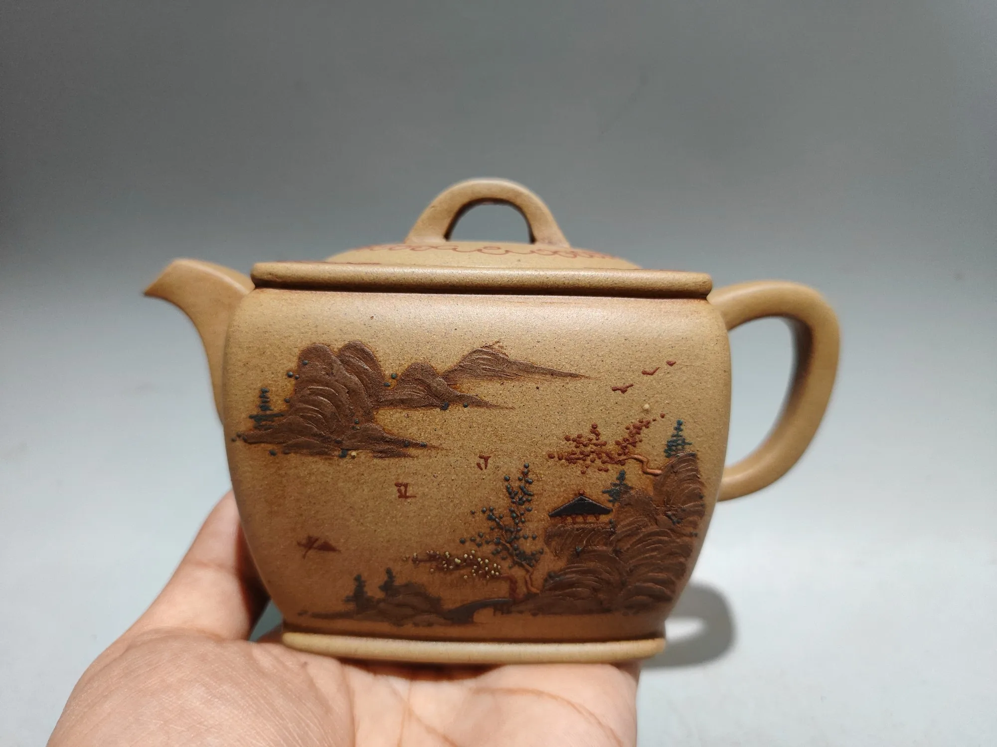 Purple Clay Teapot Raw ore Huangduan sand Mud painting pattern Four sided teapot kettle Teapot Flagon  Tea Ceremony Sample Tea