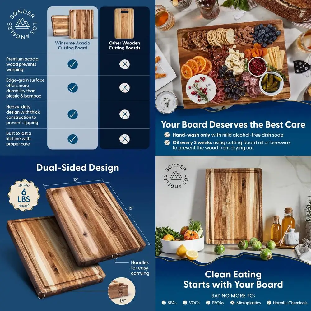 

Экологичная кухонная разделочная доска из дерева акации с пазом для сока и поддоном для сортировки, 16x12x1,5 дюйма, в подарочной упаковке