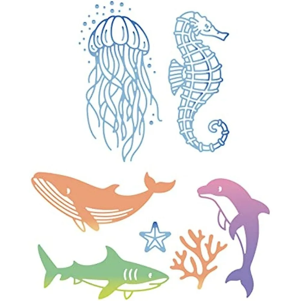 2Sheets Ocean Animals Hot Foil Plate Whale Dolphin Shark Coral Fish Jellyfish Seahorse for Embossing Scrapbooking Decor Greeting