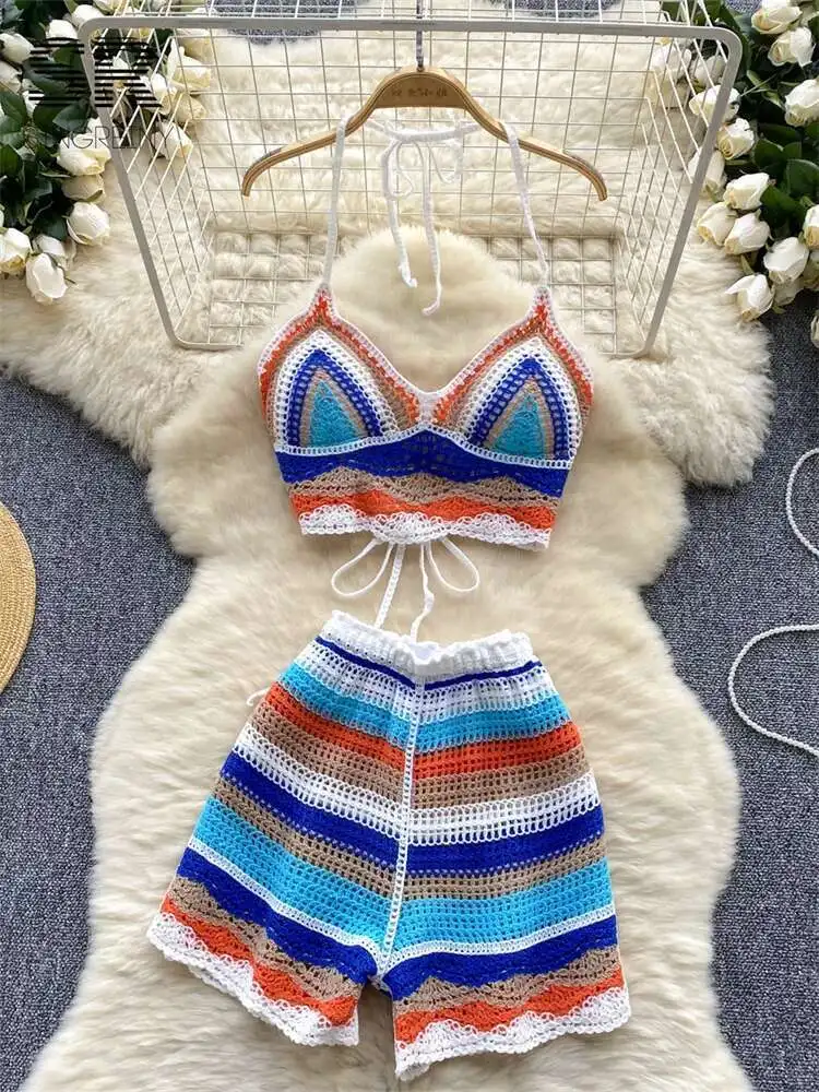

BabYoung Beach Vacation Knitted Two Pieces Set Halter Lace Up Tank Top+Stripe Hollow Out Shorts Women Summer Hotsweet 2Pcs Sets