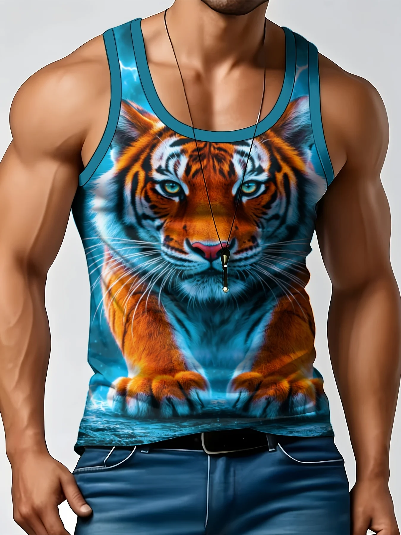Men 3D Realistic Tiger Print Round neckTank Top, Breathable Sleeveless Muscle Vest for Gym Workout Summer Casual Daily Wear Top