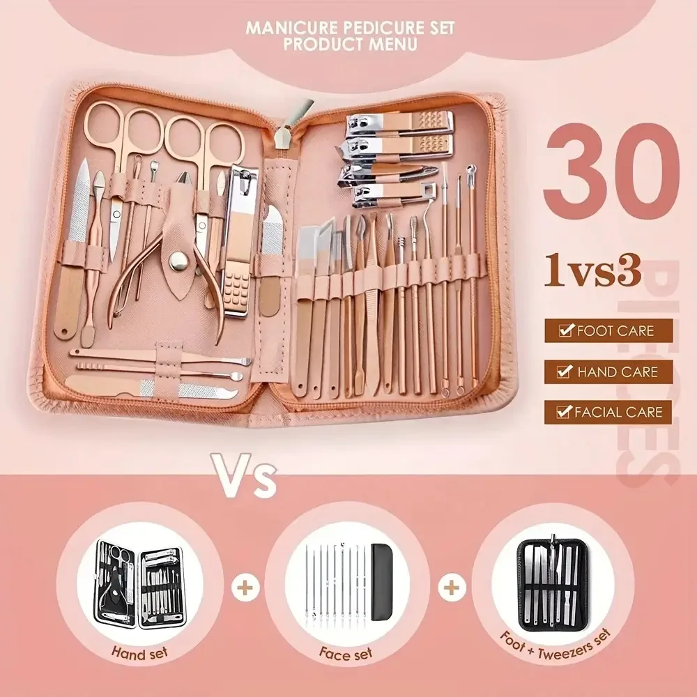 30 pçs profissional conjunto de cortador de unhas de aço inoxidável verde ferramentas manicure pedicure conjunto de 30 pçs kit de preparação de viagem