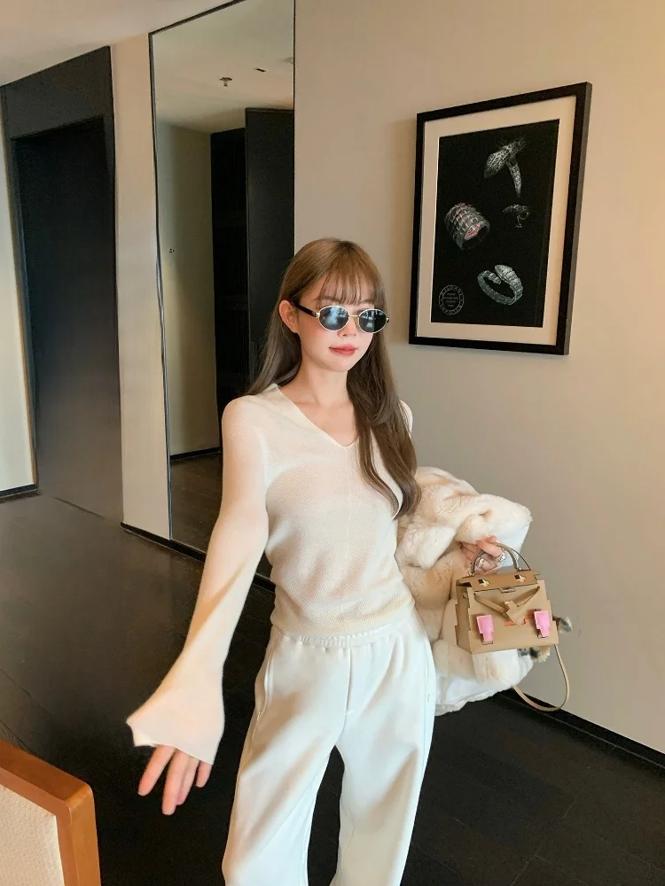 

Cheerioaban Woolen V-ne Knitwear Fibone Ripple Base Layer Sweater Soft Casual Sle Long Sve Home Wear for Women