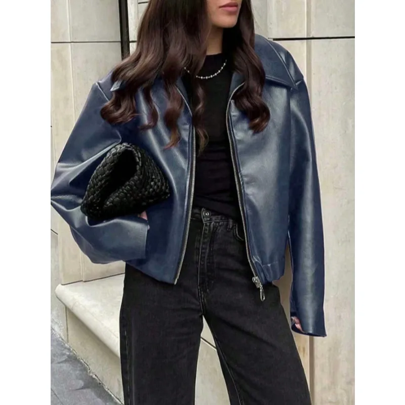 Jaqueta de Couro Retro Outono Inverno 2025 Nova Jaqueta de Couro PU Feminina Curta com Lapela Estilo Motociclista Moda Feminina