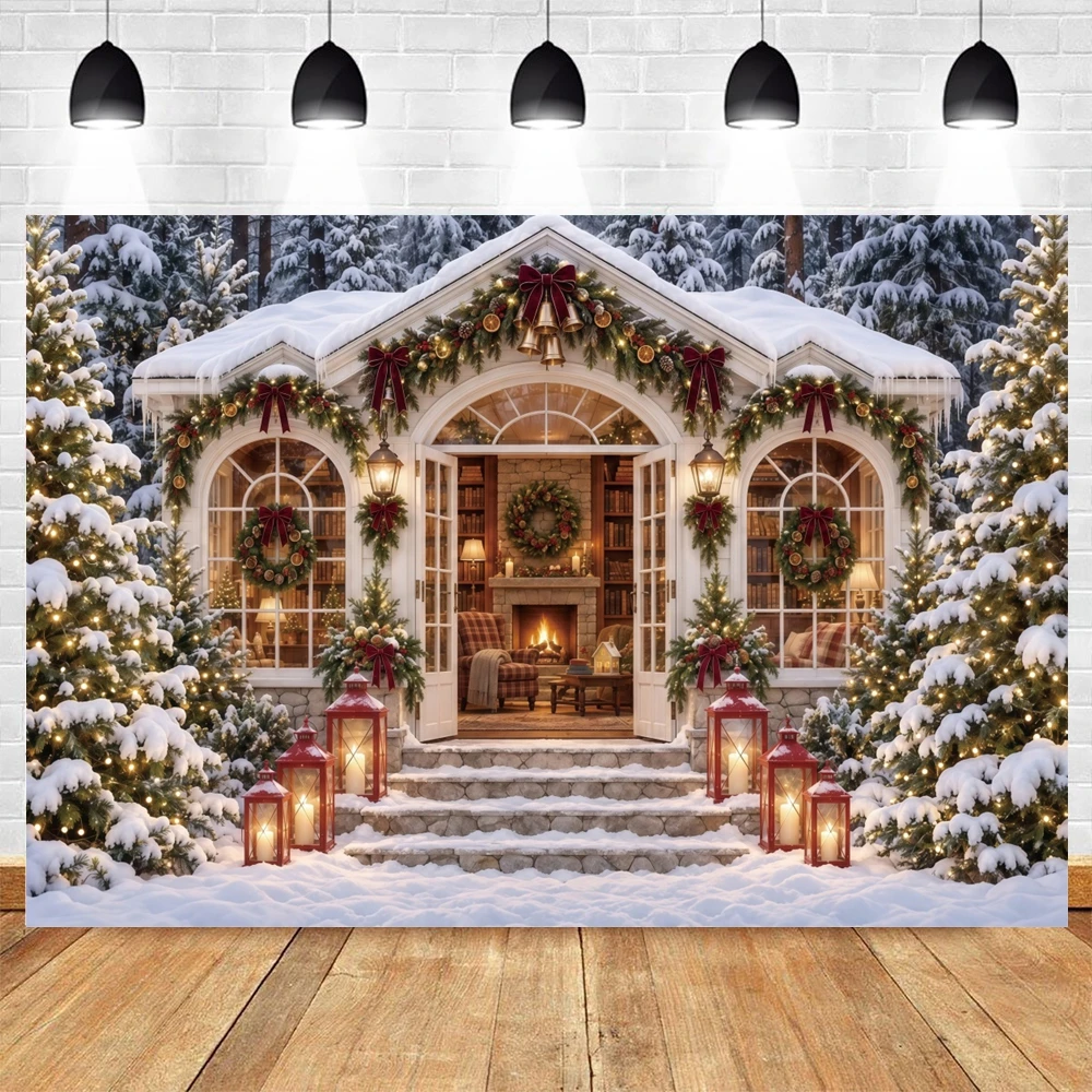 Cozy Winter Cottage Backdrop Arch Door Bookshelf Warm Light Wreath Photography Background Family Portrait Photo Booth Banner