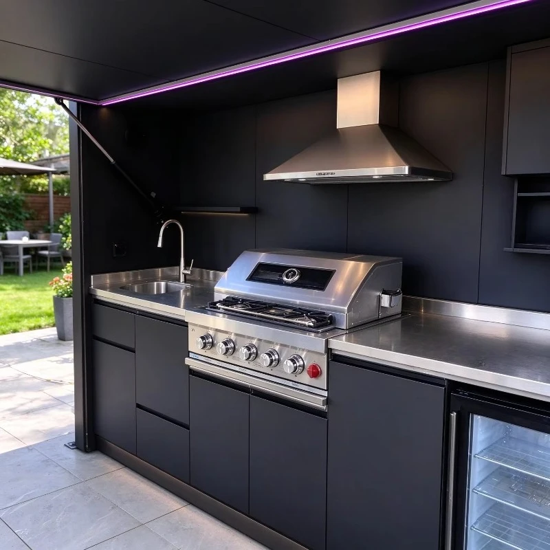 Custom Outdoor Bar Kitchen Cabinet with Grill, Sink, Serving Counter & Glass Door Refrigerator