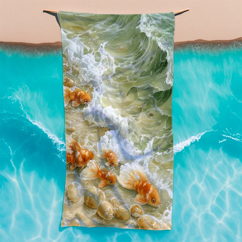 1pc Beach Towel with Bright Fish Print - Polyester Fabric, Machine Washable, Suitable for Beach, Camping, Travel, Swimming