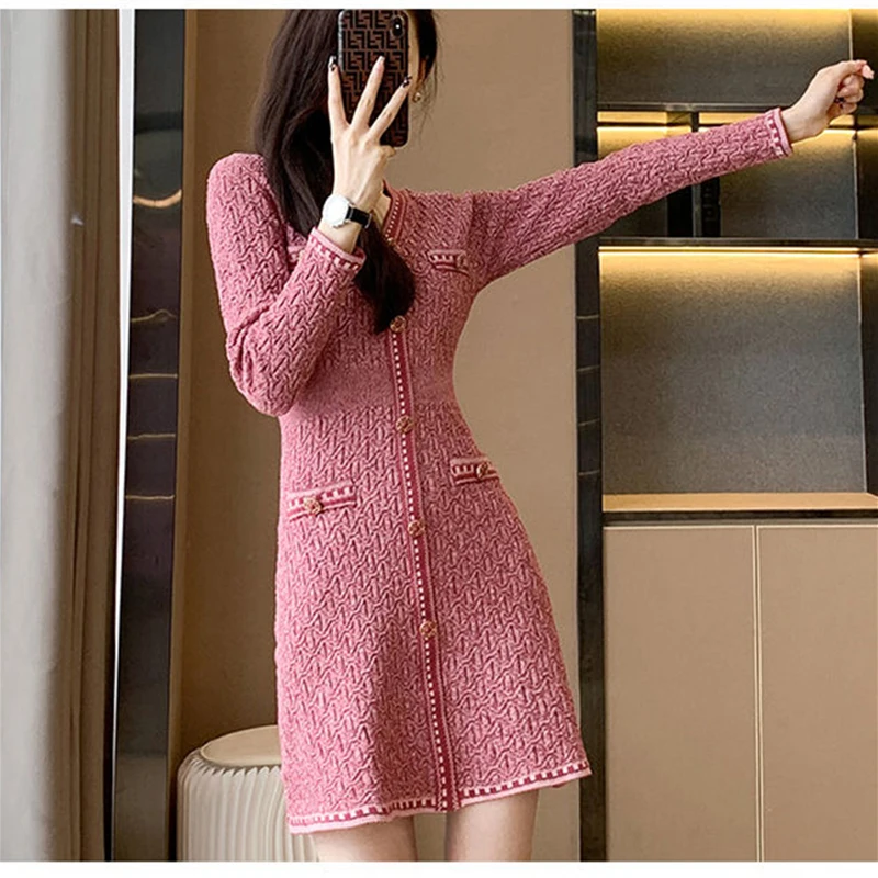 Korean Vintage Slim Knitted Dress Spring Summer Women Short Vestidos A-line Women Elegant Kleid Long Sleeve Fashion Dresses