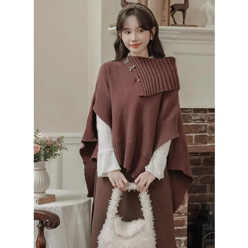 

Асимметричный свободный вязаный свитер в стиле ретро, женский осенне-зимний верхний свитер с высоким воротником, удобное пальто Lazy Sle Faion