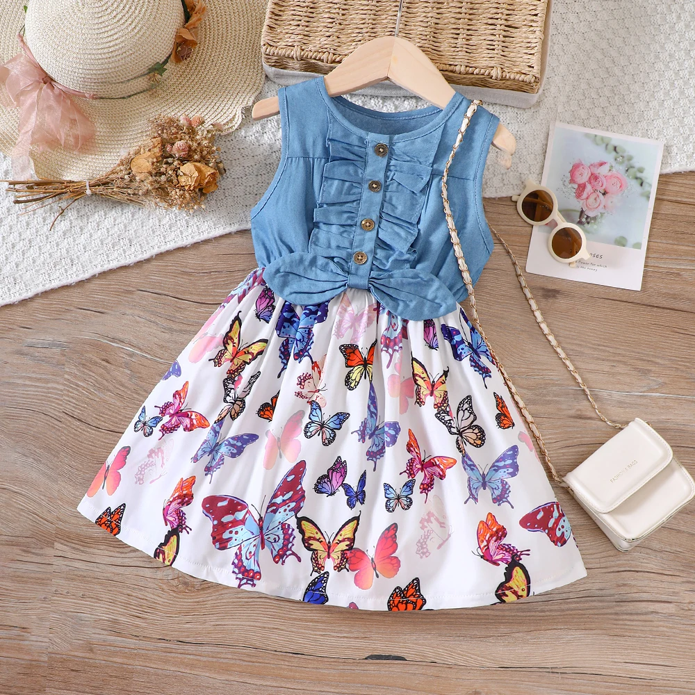 Middle and small children\'s new summer girl denim patchwork printed vest dress