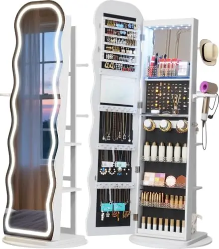 LED Mirror Jewelry Cabinet Standing, 360° Swivel, White | Lockable Jewelry Armoire with Mirror, Interior LED Makeup