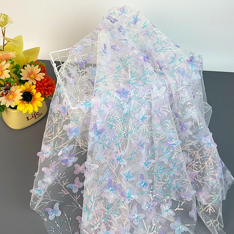 90x130cm Farbverlauf Schmetterling Pailletten Tüllstoff 3D Bestickter Netzstoff Hintergrund Party Deko Material Bühnenkostüme Ethnische Kleidung – Detail 10
