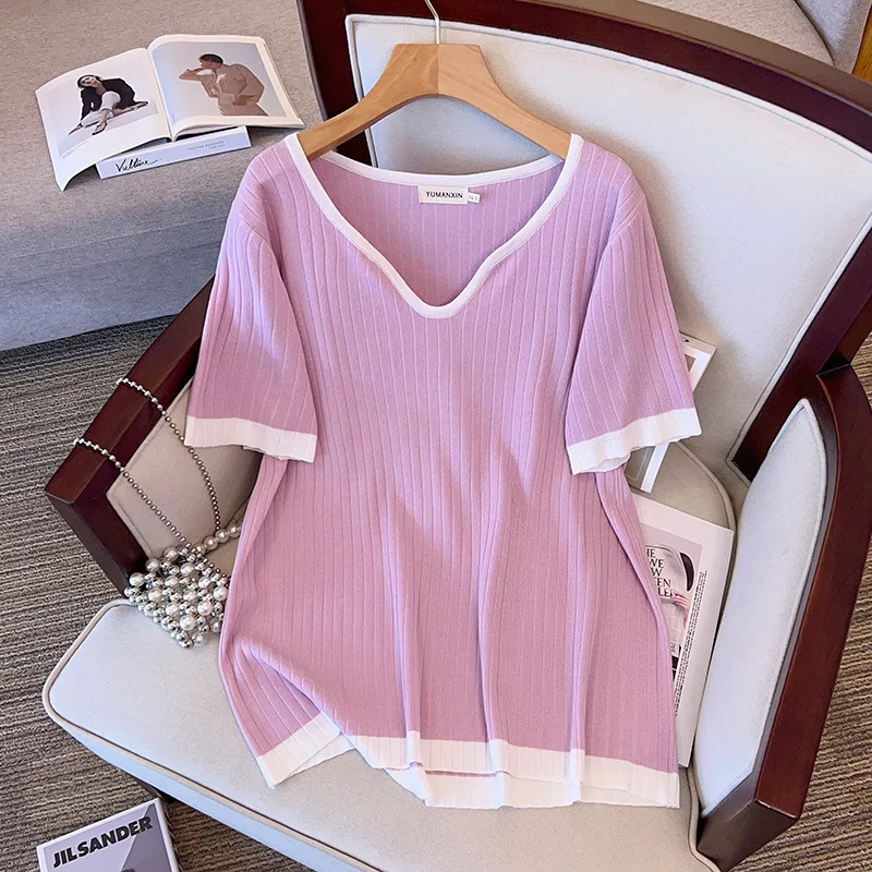 2023 Summer Big Size Women Clothing Ice Silk Knitted Tops Chubby Female Show Slim 100/150kg Short Sleeve T Shirts Women 6XL 7XL