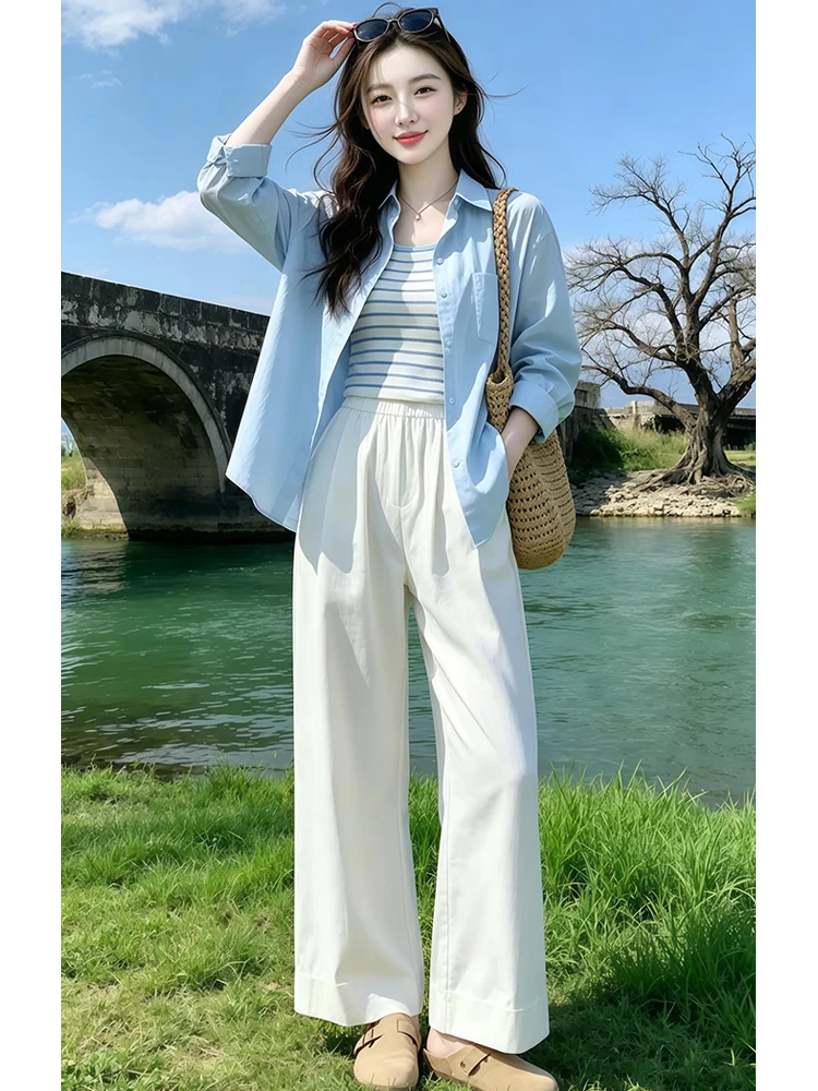 Summer Fashion Women's Three-Piece Set Loose Sun Protection Shirt Strap Vest Wide Leg Pants Casual Style Breathable Polyester