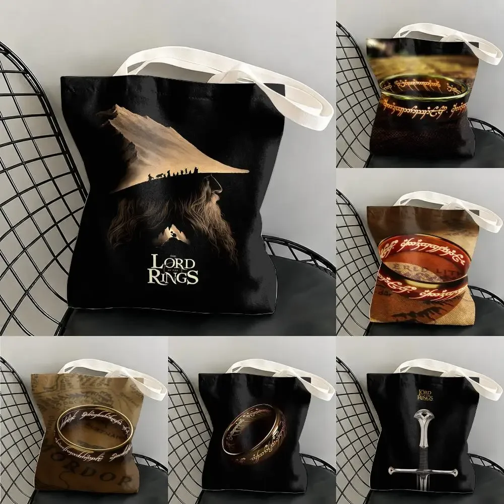 The L-Lord of the R-Rings Storage Bags Large Capacity Canvas Tote Bag Double-Sided Print Shoulder Handbag for Daily Shopping