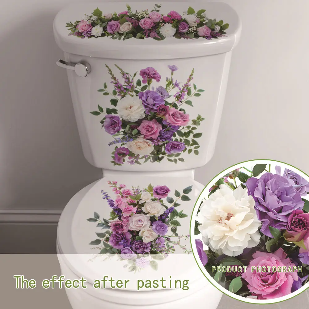 Purple Pink Rose Flower Toilet Wall Decals Floral Bathroom Stickers Waterproof for Toilet Lid Tank Decor