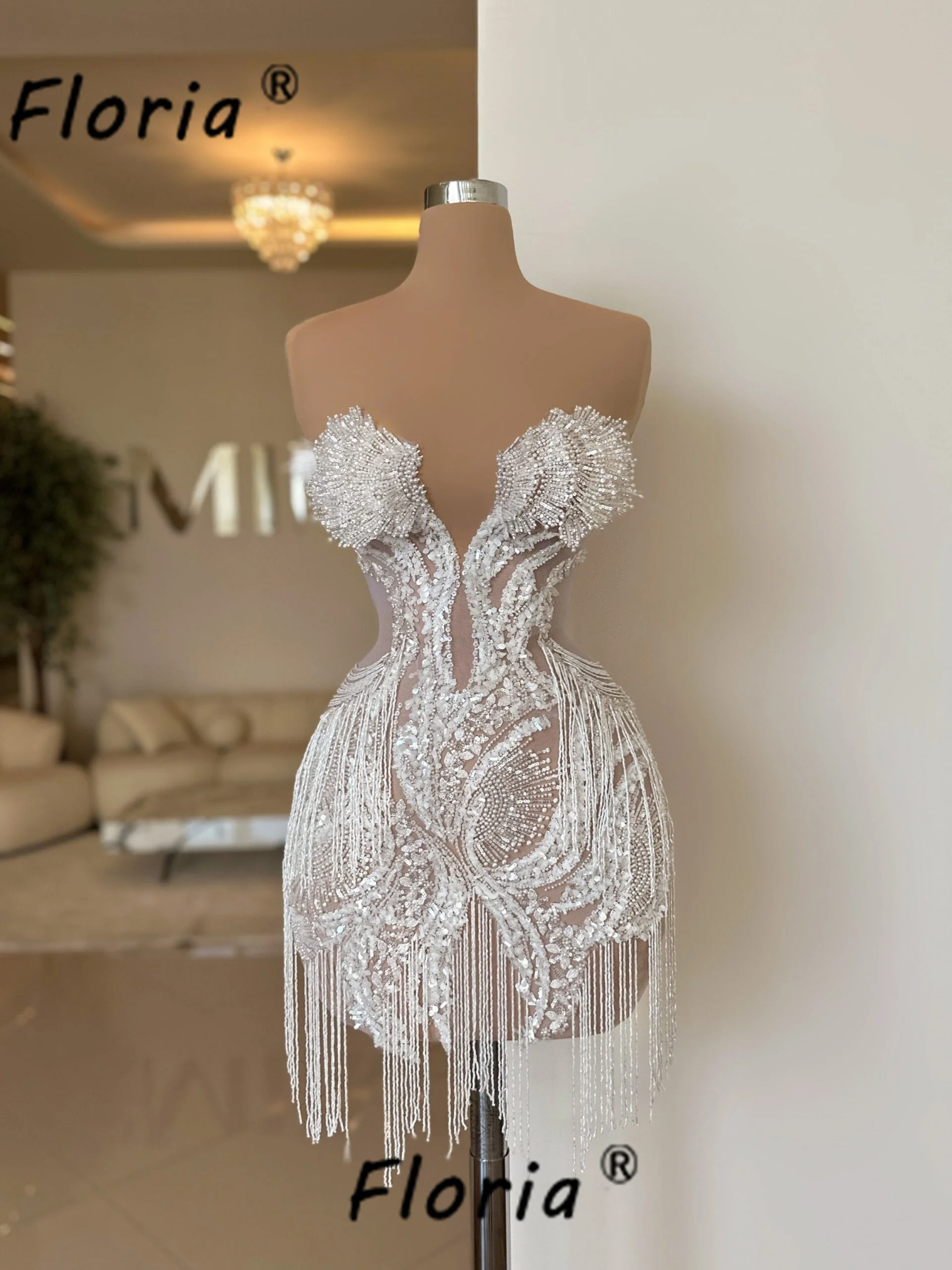 Hand Sew Beads Tassel Cocktail Dress with 3D Appliques Ivory Sequin Pearls Short Prom Dresses vestidos para eventos especiales